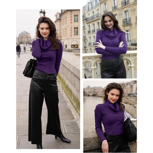 Women’s Cowl Neck Light Purple Stretchable Knit Long Sleeve Bodycon Sexy Sweater - Picture 3 of 5